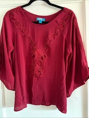 buttons Deep Wine Embroidered V-Neck Blouse